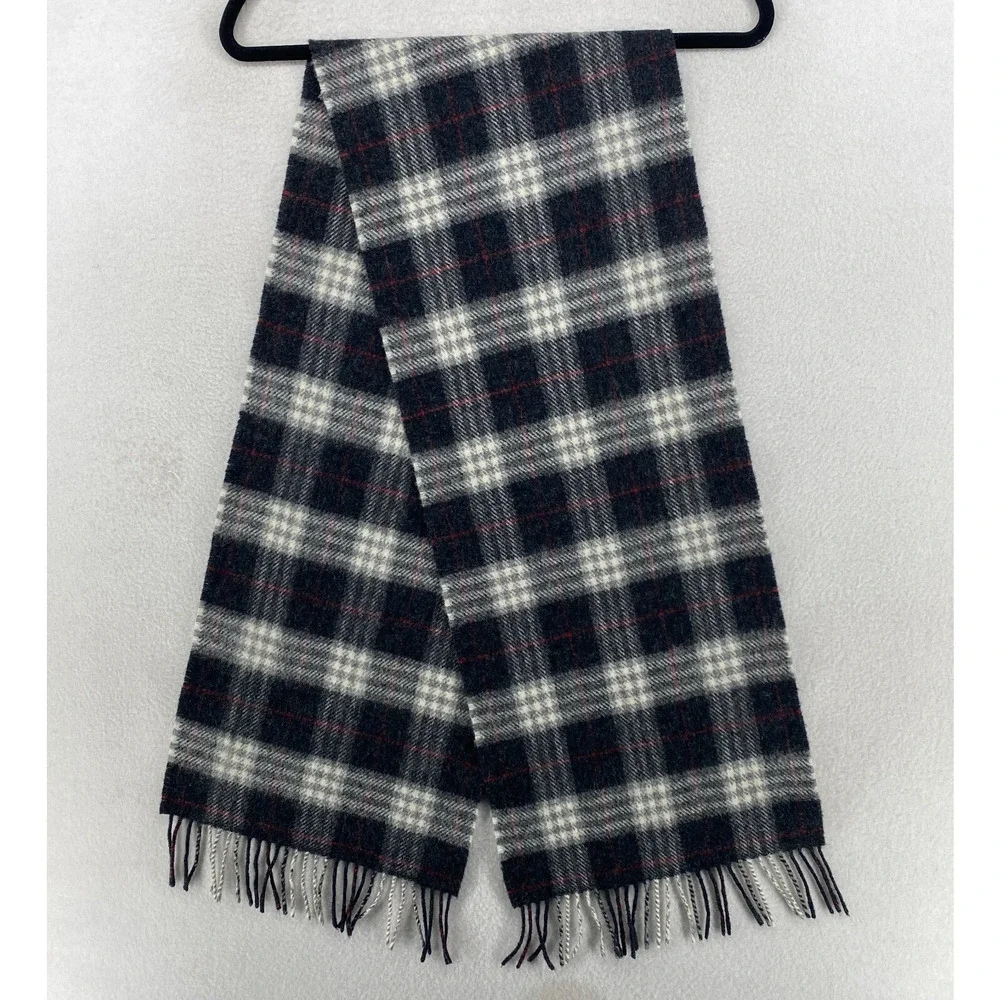 JOHN HANLY & CO FOR LL BEAN Scarf Lambswool Check Fringe Wrap Gray 11